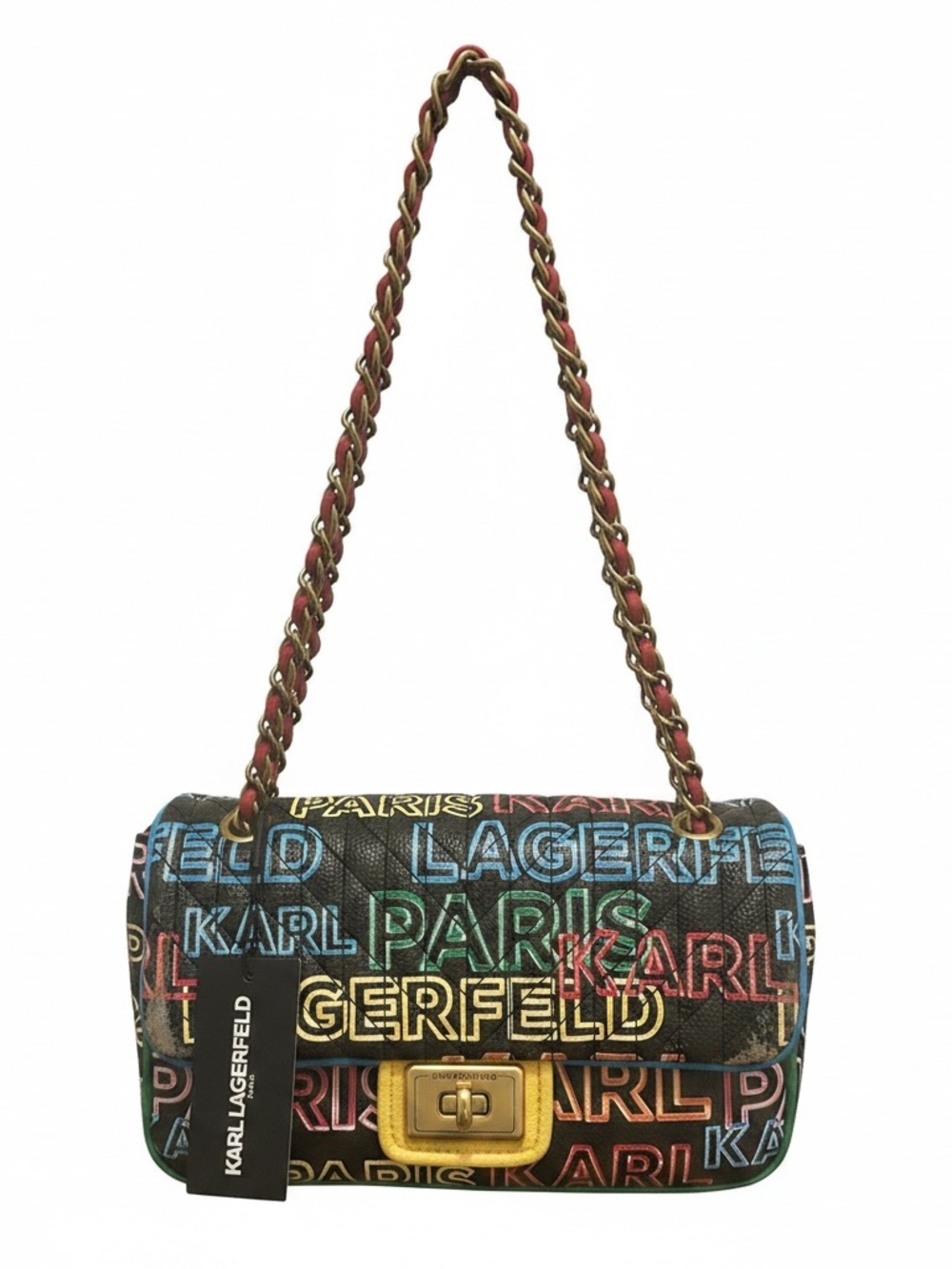 Karl Lagerfeld Black Multicolor Logo Chain Shoulder Bag